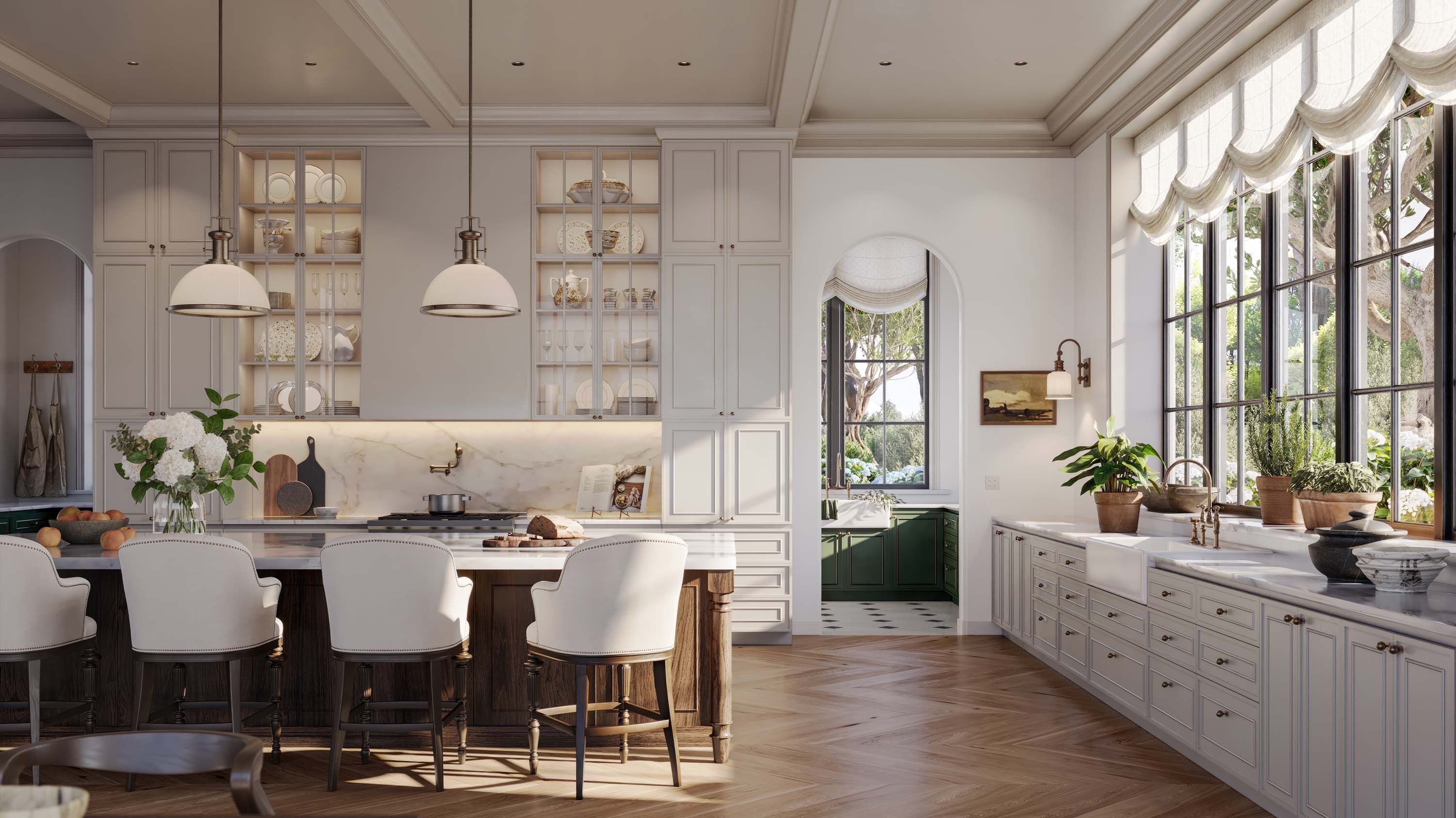 lutron lighting and shading in a luxury neutral kitchen with tall ceilings